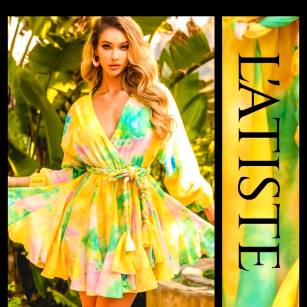 SOLD.SOLDL'atiste Queen Bee Tie Dye Rainbow Wrap Flare Dress with Braided Belt.
